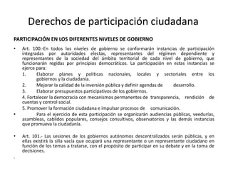Derechos de participación ciudadanaPARTICIPACIÓN EN LOS DIFERENTES NIVELES DE GOBIERNOArt. 100.-En todos los niveles de gobierno se conformarán instancias de participación integradas por autoridades electas, representantes del régimen dependiente y representantes de la sociedad del ámbito territorial de cada nivel de gobierno, que funcionarán regidas por principios democráticos. La participación en estas instancias se ejerce para:	1. 	Elaborar planes y políticas nacionales, locales y sectoriales entre los 	gobiernos y la ciudadanía.	2. 	Mejorar la calidad de la inversión pública y definir agendas de 	desarrollo.	3. 	Elaborar presupuestos participativos de los gobiernos.	4. Fortalecer la democracia con mecanismos permanentes de 	transparencia, rendición de cuentas y control social.	5. Promover la formación ciudadana e impulsar procesos de 	comunicación.	Para el ejercicio de esta participación se organizarán audiencias públicas, veedurías, asambleas, cabildos populares, consejos consultivos, observatorios y las demás instancias que promueva la ciudadanía.Art. 101.- Las sesiones de los gobiernos autónomos descentralizados serán públicas, y en ellas existirá la silla vacía que ocupará una representante o un representante ciudadano en función de los temas a tratarse, con el propósito de participar en su debate y en la toma de decisiones..