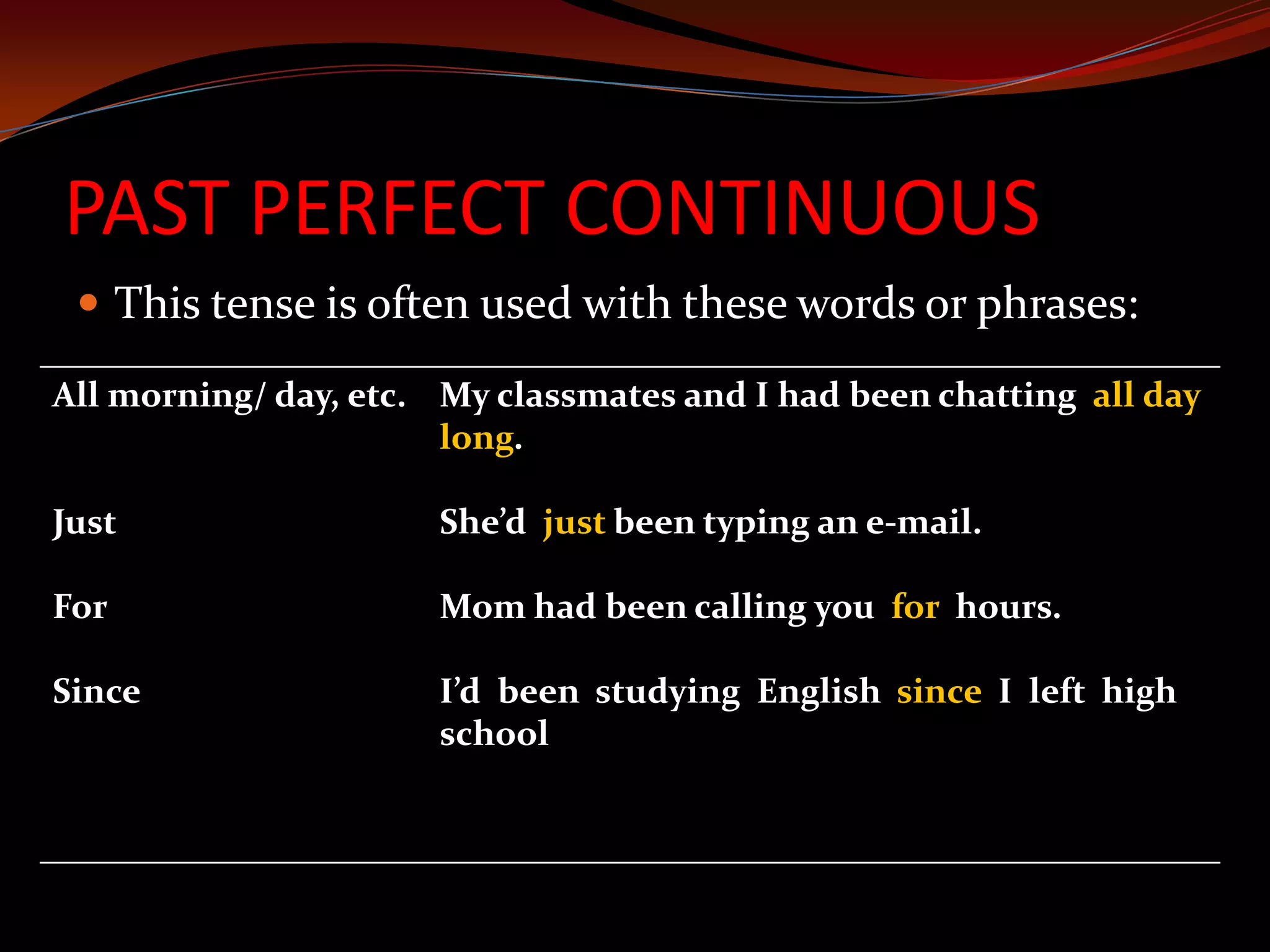 PAST PERFECT CONTINUOUSThis tense is often used with these words or phrases:
