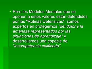 Pero los Modelos Mentales que se oponen a estos valores están defendidos por las "Rutinas Defensivas": somos expertos en protegernos  "del dolor y la amenaza representados por las situaciones de aprendizaje"  y desarrollamos una especie de  "incompetencia calificada" . 