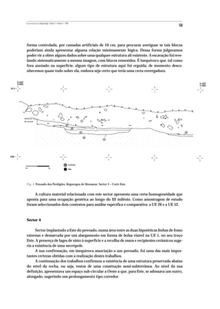 REVISTA PORTUGUESA DE Arqueologia .volume 1.número 1.1998
                                                                                               58



forma controlada, por camadas artificiais de 10 cm, para procurar averiguar se tais blocos
poderiam ainda apresentar alguma relação minimamente lógica. Dessa forma julgavamos
poder vir a obter alguns dados sobre uma qualquer estrutura ali existente. A escavação foi reve-
lando sistematicamente a mesma imagem, com blocos remexidos. É inequívoco que, tal como
fora anotado na superfície, algum tipo de estrutura aqui foi erguida; de momento desco-
nhecemos quase tudo sobre ela, embora seja certo que teria uma certa envergadura.




Fig. 4 Povoado dos Perdigões. Reguengos de Monsaraz. Sector 3 – Corte Este.


    A cultura material relacionada com este sector apresenta uma certa homogeneidade que
aponta para uma ocupação genérica ao longo do III milénio. Como amostragem de estudo
foram seleccionados dois contextos para análise específica e comparativa: a UE 26 e a UE 52.



Sector 4

      Sector implantado a Este do povoado, numa área entre as duas hipotéticas linhas de fosso
externas e demarcada por um alargamento em forma de bolsa visível na UE 1, no seu troço
Este. A presença de lages de xisto à superfície e a recolha de ossos e recipientes cerâmicos suge-
ria a existência de uma necrópole.
      A sua confirmação, em inequívoca associação a um povoado, foi uma das mais impor-
tantes certezas obtidas com a realização destes trabalhos.
      A continuação dos trabalhos confirmou a existência de uma estrutura preservada abaixo
do nível da rocha, ou seja, restos de uma construção semi-subterrânea. Ao nível da sua
definição, apresentava um espaço sub-circular a Oeste a que, para Este, se adossava um outro,
alongado, sugerindo um prolongamento tipo corredor.
 