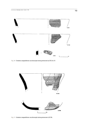 REVISTA PORTUGUESA DE Arqueologia .volume 1.número 1.1998
                                                                                 112




Fig. 20 Cerâmica campaniforme com decoração incisa pertencente às UE’s 6 e 27.




Fig. 21 Cerâmica campaniforme com decoração incisa pertencente à UE 26.
 