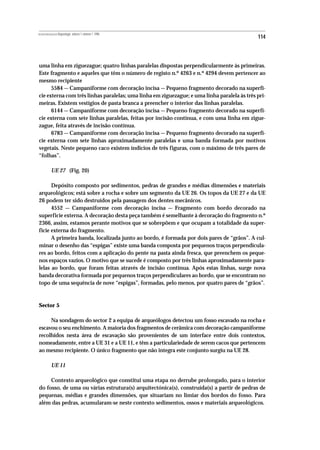 REVISTA PORTUGUESA DE Arqueologia .volume 1.número 1.1998
                                                                                             114



uma linha em ziguezague; quatro linhas paralelas dispostas perpendicularmente às primeiras.
Este fragmento e aqueles que têm o número de registo n.º 4263 e n.º 4294 devem pertencer ao
mesmo recipiente
      5584 — Campaniforme com decoração incisa — Pequeno fragmento decorado na superfí-
cie externa com três linhas paralelas; uma linha em ziguezague; e uma linha paralela às três pri-
meiras. Existem vestígios de pasta branca a preencher o interior das linhas paralelas.
      6144 — Campaniforme com decoração incisa — Pequeno fragmento decorado na superfí-
cie externa com sete linhas paralelas, feitas por incisão contínua, e com uma linha em zigue-
zague, feita através de incisão contínua.
      6783 — Campaniforme com decoração incisa — Pequeno fragmento decorado na superfí-
cie externa com sete linhas aproximadamente paralelas e uma banda formada por motivos
vegetais. Neste pequeno caco existem índicios de três figuras, com o máximo de três pares de
“folhas”.

           UE 27 (Fig. 20)

      Depósito composto por sedimentos, pedras de grandes e médias dimensões e materiais
arqueológicos; está sobre a rocha e sobre um segmento da UE 26. Os topos da UE 27 e da UE
26 podem ter sido destruídos pela passagem dos dentes mecânicos.
      4552 — Campaniforme com decoração incisa — Fragmento com bordo decorado na
superficie externa. A decoração desta peça também é semelhante à decoração do fragmento n.º
2366, assim, estamos perante motivos que se sobrepõem e que ocupam a totalidade da super-
ficie externa do fragmento.
      A primeira banda, localizada junto ao bordo, é formada por dois pares de “grãos”. A cul-
minar o desenho das “espigas” existe uma banda composta por pequenos traços perpendicula-
res ao bordo, feitos com a aplicação do pente na pasta ainda fresca, que preenchem os peque-
nos espaços vazios. O motivo que se sucede é composto por três linhas aproximadamente para-
lelas ao bordo, que foram feitas através de incisão contínua. Após estas linhas, surge nova
banda decorativa formada por pequenos traços perpendiculares ao bordo, que se encontram no
topo de uma sequência de nove “espigas”, formadas, pelo menos, por quatro pares de “grãos”.



Sector 5

     Na sondagem do sector 2 a equipa de arqueólogos detectou um fosso escavado na rocha e
escavou o seu enchimento. A maioria dos fragmentos de cerâmica com decoração campaniforme
recolhidos nesta área de escavação são provenientes de um interface entre dois contextos,
nomeadamente, entre a UE 31 e a UE 11, e têm a particulariedade de serem cacos que pertencem
ao mesmo recipiente. O único fragmento que não integra este conjunto surgiu na UE 28.

           UE 11

     Contexto arqueológico que constitui uma etapa no derrube prolongado, para o interior
do fosso, de uma ou várias estrutura(s) arquitectónica(s), construída(s) a partir de pedras de
pequenas, médias e grandes dimensões, que situariam no limiar dos bordos do fosso. Para
além das pedras, acumularam-se neste contexto sedimentos, ossos e materiais arqueológicos.
 