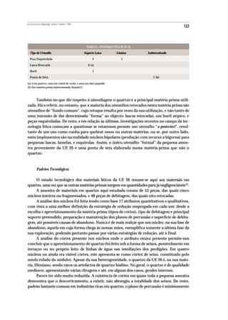 REVISTA PORTUGUESA DE Arqueologia .volume 1.número 1.1998
                                                                                                                       122



                                                             Quadro 8 – Utensilagem lítica da UE 26.
   Tipo de Utensílio                                        Suporte Lasca              Lâmina          Indeterminado

   Peça Esquirolada                                               2                        1

   Lasca Retocada                                              6 (a)

   Buril                                                          1

   Ponta de Seta                                                                                          1 (b)

(a) 4 em quartzo, uma em cristal de rocha, e uma em xisto jaspóide
(b) Em matéria-prima indeterminada (basalto?)



     Também no que diz respeito à utensilagem o quartzo é a principal matéria-prima utili-
zada. Há a referir, no entanto, que a maioria dos utensílios retocados nesta matéria prima são
utensílios de “fundo comum”, cujo retoque resulta por vezes da sua utilização, e não tanto de
uma intensão de dar determinada “forma” ao objecto: lascas retocadas, um buril atípico, e
peças esquiroladas. De resto, e em relação às últimas, investigações recentes no campo da tec-
nologia lítica começam a questionar se estaremos perante um utensílio “a posteriori”, resul-
tante de um uso como cunha para quebrar ossos ou outras matérias; ou se, por outro lado,
estes implementos são na realidade núcleos bipolares (produção com recurso a bigorna) para
pequenas lascas, lamelas, e esquírolas. Assim, o único utensílio “formal” da pequena amos-
tra proveniente da UE 26 é uma ponta de seta elaborada numa matéria-prima que não o
quartzo.



           Padrões Tecnológicos

      O estudo tecnológico dos materiais líticos da UE 26 resume-se aqui aos materiais em
quartzo, uma vez que as outras matérias primas surgem em quantidades para já negligenciáveis15.
      A amostra de materiais em quartzo aqui estudada consta de 53 peças, das quais cinco
núcleos inteiros ou fragmentados, e 48 peças de debitagem, das quais oito retocadas.
      A análise dos núcleos foi feita tendo como base 17 atributos quantitativos e qualitativos,
com vista a uma melhor definição da estratégia de redução empregada em cada um: desde a
escolha e aprovisionamento da matéria-prima (tipos de córtex), tipo de debitagem e principal
suporte pretendido, preparação e manutenção dos planos de percussão e superfície de debita-
gem, até possíveis causas de abandono. Nunca é de mais realçar que um núcleo, na sua fase de
abandono, aquela em cuja forma chega às nossas mãos, exemplifica somente a última fase da
sua exploração, podendo portanto passar por várias estratégias de redução, até à final.
      A análise do córtex presente nos núcleos onde o atributo estava presente permite-nos
concluír que o aprovisionamento de quartzo foi feito sob a forma de seixos, possívelmente em
terraços ou no próprio leito de linhas de água nas imediações dos perdigões. Em quatro
núcleos on ainda era visível córtex, este apresenta-se como córtex de seixo, constituído pelo
miolo rolado do nódulo). Apesar da sua heterogeneidade, o quartzo da UE 26 é, na sua maio-
ria, filoniano, sendo raros os artefactos de quartzo hialino. No geral, o quartzo é de qualidade
medíocre, apresentando várias clivagens e até, em alguns dos casos, geodes internos.
      Parece ter sido muito reduzida. A existência de córtex em quase toda a pequena amostra
demonstra que o descorticamento, a existir, não abrangiu a totalidade dos seixos. De resto,
padrão bastante comum em indústrias ricas em quartzo, o plano de percussão é minimamente
 