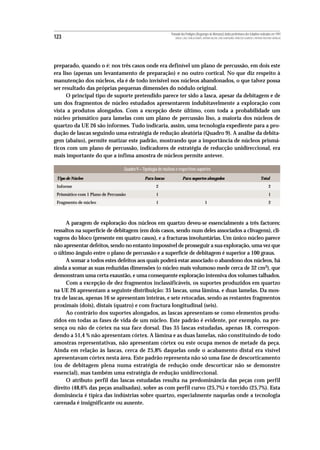 Povoado dos Perdigões (Reguengos de Monsaraz):dados preliminares dos trabalhos realizados em 1997
123                                                                MIGUEL LAGO, CIDÁLIA DUARTE, ANTÓNIO VALERA, JOÃO ALBERGARIA, FRANCISCO ALMEIDA E ANTÓNIO FAUSTINO CARVALHO




preparado, quando o é: nos três casos onde era definível um plano de percussão, em dois este
era liso (apenas um levantamento de preparação) e no outro cortical. No que diz respeito à
manutenção dos núcleos, ela é de todo invisível nos núcleos abandonados, o que talvez possa
ser resultado das próprias pequenas dimensões do nódulo original.
      O principal tipo de suporte pretendido parece ter sido a lasca, apesar da debitagem e de
um dos fragmentos de núcleo estudados apresentarem indubitavelmente a exploração com
vista a produtos alongados. Com a excepção deste último, com toda a probabilidade um
núcleo prismático para lamelas com um plano de percussão liso, a maioria dos núcleos de
quartzo da UE 26 são informes. Tudo indicaria, assim, uma tecnologia expediente para a pro-
dução de lascas seguindo uma estratégia de redução aleatória (Quadro 9). A análise da debita-
gem (abaixo), permite matizar este padrão, mostrando que a importância de núcleos prismá-
ticos com um plano de percussão, indicadores de estratégia de reducção unidireccional, era
mais importante do que a ínfima amostra de núcleos permite antever.

                                   Quadro 9 – Tipologia de núcleos e respectivos suportes
 Tipo de Núcleo                                Para lascas                Para suportes alongados                                                        Total
 Informe                                               2                                                                                                         2
 Prismático com 1 Plano de Percussão                   1                                                                                                         1
 Fragmento de núcleo                                   1                                        1                                                                2



      A paragem de exploração dos núcleos em quartzo deveu-se essencialmente a três factores:
ressaltos na superfície de debitagem (em dois casos, sendo num deles associados a clivagens), cli-
vagens do bloco (presente em quatro casos), e a fracturas involuntárias. Um único núcleo parece
não apresentar defeitos, sendo no entanto impossível de prosseguir a sua exploração, uma vez que
o último ângulo entre o plano de percussão e a superfície de debitagem é superior a 100 graus.
      A somar a todos estes defeitos aos quais poderá estar associado o abandono dos núcleos, há
ainda a somar as suas reduzidas dimensões (o núcleo mais volumoso mede cerca de 32 cm3), que
demonstram uma certa exaustão, e uma consequente exploração intensiva dos volumes talhados.
      Com a excepção de dez fragmentos inclassificáveis, os suportes produzidos em quartzo
na UE 26 apresentam a seguinte distribuição: 35 lascas, uma lâmina, e duas lamelas. Da mos-
tra de lascas, apenas 16 se apresentam inteiras, e sete retocadas, sendo as restantes fragmentos
proximais (dois), distais (quatro) e com fractura longitudinal (seis).
      Ao contrário dos suportes alongados, as lascas apresentam-se como elementos produ-
zidos em todas as fases de vida de um núcleo. Este padrão é evidente, por exemplo, na pre-
sença ou não de córtex na sua face dorsal. Das 35 lascas estudadas, apenas 18, correspon-
dendo a 51,4 % não apresentam córtex. A lâmina e as duas lamelas, não constituíndo de todo
amostras representativas, não apresentam córtex ou este ocupa menos de metade da peça.
Ainda em relação às lascas, cerca de 25,8% daquelas onde o acabamento distal era visível
apresentavam córtex nesta área. Este padrão representa não só uma fase de descorticamento
(ou de debitagem plena numa estratégia de redução onde descorticar não se demonstre
essencial), mas também uma estratégia de redução unidireccional.
      O atributo perfil das lascas estudadas resulta na predominância das peças com perfil
direito (48,6% das peças analisadas), sobre as com perfil curvo (25,7%) e torcido (25,7%). Esta
dominância é típica das indústrias sobre quartzo, especialmente naquelas onde a tecnologia
carenada é insignificante ou ausente.
 
