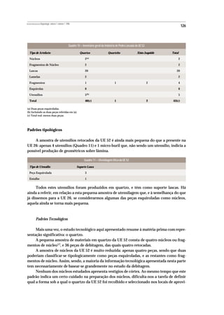 REVISTA PORTUGUESA DE Arqueologia .volume 1.número 1.1998
                                                                                                                                            126



                                                       Quadro 10 – Inventário geral da Indústria de Pedra Lascada da UE 52.

   Tipo de Artefacto                                            Quartzo                   Quartzito                Xisto Jaspóide   Total

   Núcleos                                                           2(a)                                                               2

   Fragmentos de Núcleo                                              2                                                                  2

   Lascas                                                            20                                                                20

   Lamelas                                                           2                                                                  2

   Fragmentos                                                        1                         1                              2         4

   Esquírolas                                                        8                                                                  8

   Utensílios                                                        5(b)                                                               5

   Total                                                             40(c)                     1                              2     43(c)

(a) Duas peças esquiroladas.
(b) Incluíndo as duas peças referidas em (a).
(c) Total real: menos duas peças.




Padrões tipológicos

     A amostra de utensílios retocados da UE 52 é ainda mais pequena do que a presente na
UE 26: apenas 4 utensílios (Quadro 11) e 1 micro-buril que, não sendo um utensílio, indicia a
possível produção de geométricos sobre lâmina.

                                                                    Quadro 11 – Utensilagem lítica da UE 52.
   Tipo de Utensílio                                          Suporte Lasca

   Peça Esquirolada                                                  3

   Entalhe                                                           1


     Todos estes utensílios foram produzidos em quartzo, e tém como suporte lascas. Há
ainda a referir, em relação a esta pequena amostra de utensilagem que, e à semelhança do que
já dissemos para a UE 26, se considerarmos algumas das peças esquiroladas como núcleos,
aquela ainda se torna mais pequena.



           Padrões Tecnológicos

     Mais uma vez, o estudo tecnológico aqui apresentado resume à matéria-prima com repre-
sentação significativa: o quartzo.
     A pequena amostra de materiais em quartzo da UE 52 consta de quatro núcleos ou frag-
mentos de núcleo17, e 36 peças de debitagem, das quais quatro retocadas.
     A amostra de núcleos da UE 52 é muito reduzida: apenas quatro peças, sendo que duas
poderiam classificar-se tipologicamente como peças esquiroladas, e as restantes como frag-
mentos de núcleo. Assim, sendo, a maioria da informação tecnológica apresentada nesta parte
tem necessariamente de basear-se grandemente no estudo da debitagem.
     Nenhum dos núcleos estudados apresenta vestígios de córtex. Ao mesmo tempo que este
padrão indica um certo cuidado na preparação dos núcleos, dificulta-nos a tarefa de definir
qual a forma sob a qual o quartzo da UE 52 foi recolhido e seleccionado nos locais de aprovi-
 