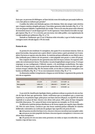 Povoado dos Perdigões (Reguengos de Monsaraz):dados preliminares dos trabalhos realizados em 1997
131                                                         MIGUEL LAGO, CIDÁLIA DUARTE, ANTÓNIO VALERA, JOÃO ALBERGARIA, FRANCISCO ALMEIDA E ANTÓNIO FAUSTINO CARVALHO




facto que, no processo de debitagem, as fases iniciais eram efectuadas por percussão indirecta,
e só a fase plena se realizava por pressão?
      A análise dos talões está limitada apenas a três lâminas. Estes são sempre mais estreitos
que a largura máxima atingida pela peça. Uma delas apresenta talão facetado (Fig. 25, n.º 3),
com um pequeno labiado e regularização da cornija. Trata-se de uma das peças mais robustas
do inventário (tem 2,7 cm de largura por 0,7 cm de espessura). Outra lâmina tem talão em espi-
gão espesso (Fig. 25, n.º 1) e a terceira, por seu turno, tem talão polido, com regularização da
cornija também por polimento (Fig. 25, n.º 2).
      Assinale-se, finalmente, que 11 em 15 lâminas estão retocadas, o que se traduz numa per-
centagem muito elevada (igual a 73% do total).



Pontas de seta

      As pontas de seta totalizam 31 exemplares, dos quais 23 se encontram intactos. Entre as
peças fracturadas, duas preservam a parte distal e outras tantas a parte proximal; em 4 exem-
plares fracturou-se apenas uma das aletas. As matérias-primas utilizadas no seu fabrico são o
sílex (utilizado para o fabrico de três pontas), o xisto jaspóide (seis peças) e o xisto (22 peças).
      Este conjunto de pontas de seta apresenta uma série de traços comuns. Os suportes utili-
zados são exclusivamente lascas. Têm bordos e secções longitudinais sempre rectas. O retoque
empregue na sua configuração é bifacial, rasante, e de morfologia escalariforme. Em regra,
trata-se de retoque invasor, sendo excepcionais apenas duas das três pontas em sílex, que apre-
sentam retoque cobridor (Fig. 26). Do mesmo modo, só em sílex se conhecem exemplares com
bordos serrilhados (Fig. 26, n.º 4) ou com tratamento térmico (Fig. 26, n.º 1).
      As dimensões médias (comprimento x largura ao nível da base x espessura) das pontas de
seta são as seguintes:

                                Quadro 13 – Dimensões médias das pontas de seta
 Sílex                         3,15±0,8         ×        1,71±0,22 ×                      0,37±0,09 cm
 Xisto jaspóide                4,48±1,15        ×        1,86±0,42 ×                      0,3±0,07              cm
 Xisto                         4,07±0,84        ×        1,56±0,3 ×                       0,19±0,06 cm



     A um nível de classificação tipológica básica, podemos ordenar as pontas de seta em fun-
ção do tipo de base que apresentam. Assim, verificamos que os exemplares que a conservam
repartem-se, em primeiro lugar, pelas peças com base côncava (18 peças, ou seja 62% do total),
seguindo-se as peças de base côncava com aletas (oito peças, 28%), peças de base triangular
invertida (duas peças, 7%) e peças de bases rectas (apenas um exemplar, ou 3% do total).
     As diferentes matérias-primas distribuem-se de forma regular por aqueles tipos (Quadro
14). Dito de outra forma, conclui-se que não houve matérias-primas utilizadas de maneira
deliberada e sistemática na confecção de qualquer tipo específico de ponta de seta:
      •as três pontas em sílex têm base recta, côncava e côncava com aletas (um exemplar cada);
      •as seis peças em xisto jaspóide têm bases côncavas (quatro exemplares) e côncavas com
aletas (dois exemplares);
      •as 22 pontas de seta em xisto estão presentes em todos os tipos reconhecidos, excep-
tuando o tipo de base recta.
 