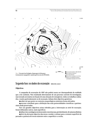 Povoado dos Perdigões (Reguengos de Monsaraz):dados preliminares dos trabalhos realizados em 1997
53                                                               MIGUEL LAGO, CIDÁLIA DUARTE, ANTÓNIO VALERA, JOÃO ALBERGARIA, FRANCISCO ALMEIDA E ANTÓNIO FAUSTINO CARVALHO




                                                                                 0M                  75 M
Fig. 2 Povoado dos Perdigões. Reguengos de Monsaraz.
Levantamento topográfico e planta geral na área da FINAGRA.




Segunda fase: os dados da escavação                              MIGUEL LAGO


Objectivos

     A campanha de escavações de 1997 não poderá nunca ser desenquadrada da realidade
que a ela conduziu. Não resultando directamente de um processo coerente de investigação,
mas tornada necessária em função de uma situação de emergência, todos os trabalhos realiza-
dos, e muito particularmente os de escavação, tinham dois objectivos genéricos:
      •avaliar até que ponto os contextos arqueológicos existentes foram afectados;
      •procurar contribuir para a definição das reais potencialidades científicas e patrimo-
niais ainda preservadas.
     Face aos grandes objectivos acima referidos para a intervenção ao nível de escavação,
foram delineados outros, mais específicos:
      •
      realizar cinco sondagens em áreas muito concretas mas, previsivelmente, de natureza distinta;
      •aferir da afectação objectiva das áreas a sondar e estimar para a restante superfície do
povoado a potência de terras existente entre a superfície e a rocha;
 