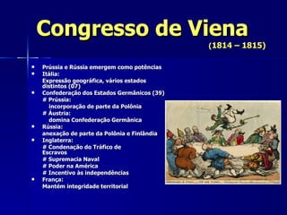 Congresso de Viena ( 1814 – 1815) Prússia e Rússia emergem como potências  Itália:  Expressão geográfica, vários estados distintos (07) Confederação dos Estados Germânicos (39) # Prússia:    incorporação de parte da Polônia # Áustria:    domina Confederação Germânica Rússia:  anexação de parte da Polônia e Finlândia Inglaterra:  # Condenação do Tráfico de  Escravos # Supremacia Naval # Poder na América # Incentivo às independências França:  Mantém integridade territorial 