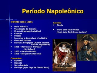 Período Napoleônico IMPÉRIO (1804-1815): Nova Nobreza  Valorização do Exército Fim da Liberdade Individual Censura Prisões Incentivo a Agricultura e Indústria Guerras Externas França X Coligações (Rússia, Prússia,    Áustria, Inglaterra) 1805 – Derrota em Trafalgar    (Al. Nelson) 1805 – Batalha Modelo 1806 – Bloqueio Continental Conquistas: Espanha Holanda Sacro Império Portugal (após fuga da Família Real) Acordos: Rússia Trono para seus irmãos  (José, Luís, Jerônimo e Luciano) 