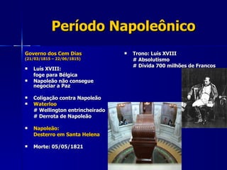 Período Napoleônico Governo dos Cem Dias  (21/03/1815 – 22/06/1815) Luís XVIII:  foge para Bélgica Napoleão não consegue negociar a Paz Coligação contra Napoleão Waterloo  # Wellington entrincheirado  # Derrota de Napoleão Napoleão: Desterro em Santa Helena Morte: 05/05/1821 Trono: Luís XVIII # Absolutismo # Dívida 700 milhões de Francos 