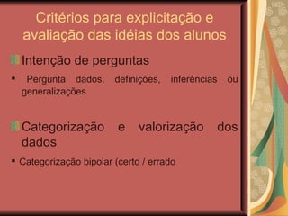 Critérios para explicitação e avaliação das idéias dos alunos Intenção de perguntas ▪  Pergunta dados, definições, inferências ou generalizações Categorização e valorização dos dados ▪  Categorização bipolar (certo / errado   