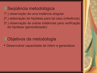 Seqüência metodológica 1º.) observação de uma instância singular 2º.) elaboração de hipótese para tal caso (inferência) ‏ 3º.) observação de outras instâncias para verificação da hipótese (generalização)  Objetivos da metodologia ▪  Desenvolver capacidade de inferir e generalizar   