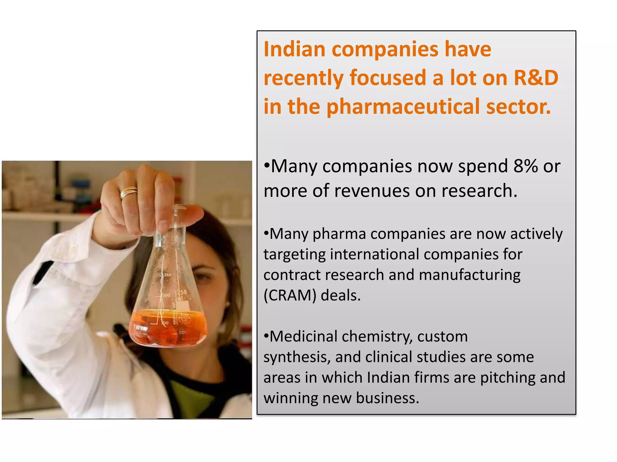 Indian companies have recently focused a lot on R&D in the pharmaceutical sector. Many companies now spend 8% or more of revenues on research. 