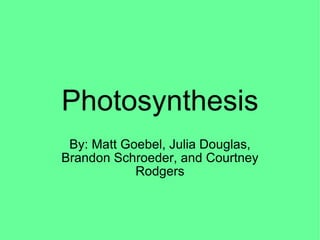 Photosynthesis By: Matt Goebel, Julia Douglas, Brandon Schroeder, and Courtney Rodgers 
