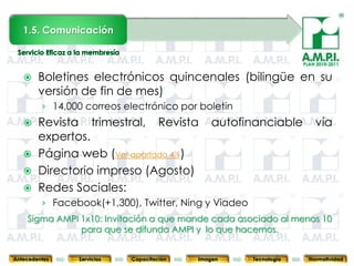 1.5. Comunicación


                                                                   PLAN 2010-2011


       Boletines electrónicos quincenales (bilingüe en su
        versión de fin de mes)
         › 14,000 correos electrónico por boletin
       Revista trimestral, Revista            autofinanciable         vía
        expertos.
       Página web (Ver apartado 4.1)
       Directorio impreso (Agosto)
       Redes Sociales:
         › Facebook(+1,300), Twitter, Ning y Viadeo
    Sigma AMPI 1x10: Invitación a que mande cada asociado al menos 10
      27       para que se difunda AMPI y lo que 27
                27           27        27        hacemos. 27         27



Antecedentes    Servicios   Capacitación   Imagen     Tecnología     Normatividad
 