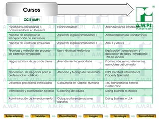 Cursos


  Fiscal para empresarios o              Financiamiento                      Arrendamiento inmobiliario
                                                                                                      PLAN 2010-2011
  administradores en General
  Proceso de obtención e                 Aspectos legales inmobiliarios I    Administración de Condominios
  incorporación de exclusivas
  Proceso de venta de inmuebles          Aspectos legales inmobiliarios II   ABC 1 y ABC 2

  Técnicas y métodos del proceso         Uso y técnicas telefónicas          Explicación , descripción y
  de corretaje inmobiliario                                                  aplicación de la ley inmobiliaria
                                                                             150 en Sonora
  Negociación y técnicas de cierre       Arrendamiento inmobiliario          Promesa de venta, elementos
                                                                             esenciales del contrato

  Planeación de negocios para el         Atención y Manejo de Desarrollos    CIPS Certified International
  profesional inmobiliario                                                   Property Specialist

  Desarrollo profesional inmobiliario    Consultoría en Capital Humano       TRC Transnational Referal
                                                                             Certification
  Tramitación y escrituración notarial   Coaching de equipo                  Doing Business in México

  Administración de Arrendamiento        Guía para la enajenaciones          Doing Business in USA
                                         agrarias
       42                 42                42                42             42                 42               42



Antecedentes           Servicios          Capacitación             Imagen          Tecnología            Normatividad
 