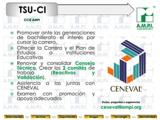 TSU-CI
                                                                                    PLAN 2010-2011

       Promover ante las generaciones
        de bachillerato el interés por
        cursar la carrera.
       Ofrecer la Carrera y el Plan de
        Estudios      a      Instituciones
        Educativas
       Renovar y consolidar Consejo
        Técnico, Crear los 2 comités de
        trabajo        (Reactivos        y
        Validación).
       Asistencia a las juntas con
        CENEVAL
       Examen con promoción y
        apoyo adecuados
                                                         Dudas, preguntas o sugerencias
       45         45         45            45               45                 45              45
                                                         ceneval@ampi.org

Antecedentes    Servicios   Capacitación        Imagen            Tecnología          Normatividad
 