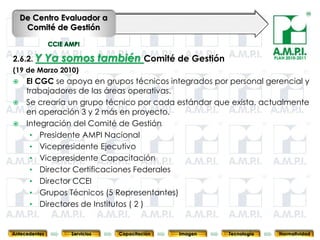 De Centro Evaluador a
     Comité de Gestión


2.6.2. Y       Ya somos también Comité de Gestión                   PLAN 2010-2011


(19 de Marzo 2010)
 El CGC se apoya en grupos técnicos integrados por personal gerencial y
  trabajadores de las áreas operativas.
 Se crearía un grupo técnico por cada estándar que exista, actualmente
  en operación 3 y 2 más en proyecto.
 Integración del Comité de Gestión
   • Presidente AMPI Nacional
   • Vicepresidente Ejecutivo
   • Vicepresidente Capacitación
   • Director Certificaciones Federales
   • Director CCEI
   • Grupos Técnicos (5 Representantes)
   • 50 Directores50 Institutos ( 2 )
                   de         50      50       50          50        50



Antecedentes       Servicios   Capacitación   Imagen   Tecnología     Normatividad
 