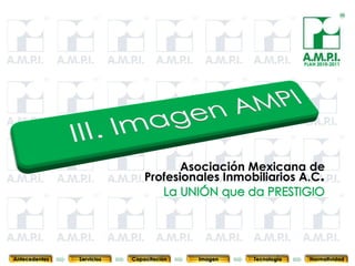 PLAN 2010-2011




                                        Asociación Mexicana de
                                 Profesionales Inmobiliarios A.C.



       60        60         60            60            60                60              60



Antecedentes   Servicios   Capacitación        Imagen        Tecnología          Normatividad
 