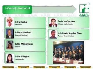 i) Consejo Nacional


                                                                                                   PLAN 2010-2011



               Elvira Rocha                                        Federico Sobrino
               Patrocinios                                         Alianzas Institucionales




               Roberto Jiménez                                     Luis Xavier Aguilar Ghio
               Congreso Nacional
                                                                   Playas y Zonas turísticas




               Dulce María Rojas
               Servicios




               Esther Villegas
               Capacitación
        9                     9          9            9                  9                     9              9



Antecedentes               Servicios   Capacitación       Imagen                Tecnología           Normatividad
 