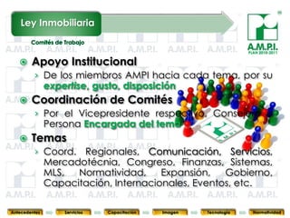 Ley Inmobiliaria

                                                                    PLAN 2010-2011


       Apoyo Institucional
         › De los miembros AMPI hacia cada tema, por su
               expertise, gusto, disposición
       Coordinación de Comités
         › Por el Vicepresidente respectivo, Consejero u
               Persona Encargada del tema
       Temas
         › Coord. Regionales, Comunicación, Servicios,
               Mercadotécnia, Congreso, Finanzas, Sistemas,
               MLS,    Normatividad,    Expansión,  Gobierno,
       92
               Capacitación,92
                    92
                             Internacionales, 92
                                     92
                                              Eventos,92
                                                       etc. 92



Antecedentes       Servicios   Capacitación   Imagen   Tecnología     Normatividad
 