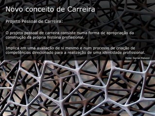 Novo conceito de Carreira Projeto Pessoal de Carreira: O projeto pessoal de carreira consiste numa forma de apropriação da construção da própria história profissional. Implica em uma avaliação de si mesmo e num processo de criação de competências direcionado para a realização de uma identidade profissional. Fonte: Sigmar Malvezzi 