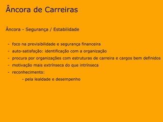 Âncora de Carreiras Âncora - Segurança / Estabilidade -  foco na previsibilidade e segurança financeira -  auto-satisfação: identificação com a organização -  procura por organizações com estruturas de carreira e cargos bem definidos -  motivação mais extrínseca do que intrínseca -  reconhecimento: - pela lealdade e desempenho 