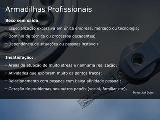 Armadilhas Profissionais Beco sem saída: Especialização excessiva em única empresa, mercado ou tecnologia; Domínio de técnica ou processos decadentes; Dependência de situações ou pessoas instáveis. Insatisfação: Áreas de atuação de muito stress e nenhuma realização; Atividades que exploram muito os pontos fracos; Relacionamento com pessoas com baixa afinidade pessoal; Geração de problemas nos outros papéis (social, familiar etc). Fonte: Joel Dutra 