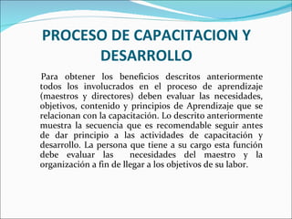 PROCESO DE CAPACITACION Y DESARROLLO Para obtener los beneficios descritos anteriormente todos los involucrados en el proceso de aprendizaje (maestros y directores) deben evaluar las necesidades, objetivos, contenido y principios de Aprendizaje que se relacionan con la capacitación. Lo descrito anteriormente muestra la secuencia que es recomendable seguir antes de dar principio a las actividades de capacitación y desarrollo. La persona que tiene a su cargo esta función debe evaluar las  necesidades del maestro y la organización a fin de llegar a los objetivos de su labor.  