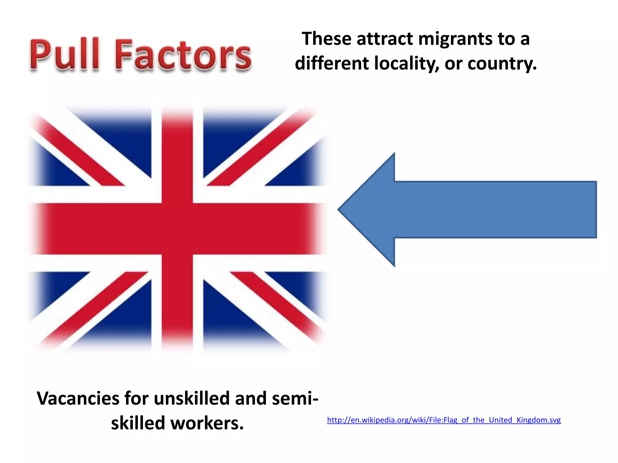Pull FactorsThese attract migrants to a different locality, or country.Vacancies for unskilled and semi-skilled workers.http://en.wikipedia.org/wiki/File:Flag_of_the_United_Kingdom.svg