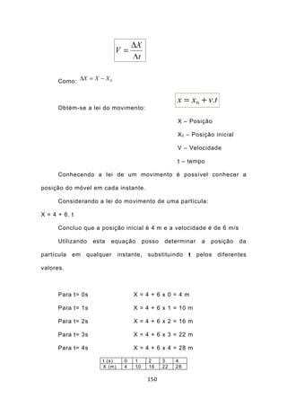 ∆X
                            V=
                                    ∆t

      Como: ∆X = X − X 0


                                                      x = x0 + v.t
      Obtém-se a lei do movimento:

                                                      X – Posição

                                                      X 0 – Posição inicial

                                                      V – Velocidade

                                                      t – tempo

      Conhecendo a lei de um movimento é possível conhecer a

posição do móvel em cada instante.

      Considerando a lei do movimento de uma partícula:

X = 4 + 6. t

      Concluo que a posição inicial é 4 m e a velocidade é de 6 m/s

      Utilizando   esta   equação        posso   determinar     a   posição   da

partícula   em   qualquer     instante,   substituindo     t   pelos   diferentes

valores.



      Para t= 0s                    X = 4 + 6 x 0 = 4 m

      Para t= 1s                    X = 4 + 6 x 1 = 10 m

      Para t= 2s                    X = 4 + 6 x 2 = 16 m

      Para t= 3s                    X = 4 + 6 x 3 = 22 m

      Para t= 4s                    X = 4 + 6 x 4 = 28 m

                      t (s)     0   1      2     3    4
                      X (m)     4   10     16    22   28

                                          150
 