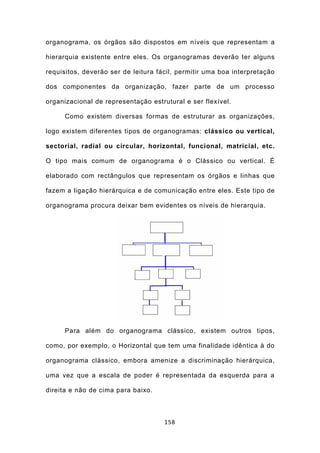 organograma, os órgãos são dispostos em níveis que representam a

hierarquia existente entre eles. Os organogramas deverão ter alguns

requisitos, deverão ser de leitura fácil, permitir uma boa interpretação

dos componentes da organização, fazer parte de um processo

organizacional de representação estrutural e ser flexível.

     Como existem diversas formas de estruturar as organizações,

logo existem diferentes tipos de organogramas: clássico ou vertical,

sectorial, radial ou circular, horizontal, funcional, matricial, etc.

O tipo mais comum de organograma é o Clássico ou vertical. É

elaborado com rectângulos que representam os órgãos e linhas que

fazem a ligação hierárquica e de comunicação entre eles. Este tipo de

organograma procura deixar bem evidentes os níveis de hierarquia.




     Para além do organograma clássico, existem outros tipos,

como, por exemplo, o Horizontal que tem uma finalidade idêntica à do

organograma clássico, embora amenize a discriminação hierárquica,

uma vez que a escala de poder é representada da esquerda para a

direita e não de cima para baixo.



                                     158
 
