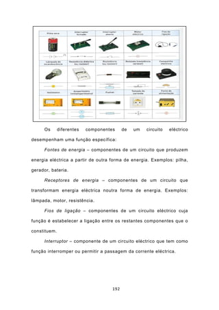 Os      diferentes   componentes     de   um   circuito   eléctrico

desempenham uma função específica:

      Fontes de energia – componentes de um circuito que produzem

energia eléctrica a partir de outra forma de energia. Exemplos: pilha,

gerador, bateria.

      Receptores de energia – componentes de um circuito que

transformam energia eléctrica noutra forma de energia. Exemplos:

lâmpada, motor, resistência.

      Fios de ligação – componentes de um circuito eléctrico cuja

função é estabelecer a ligação entre os restantes componentes que o

constituem.

      Interruptor – componente de um circuito eléctrico que tem como

função interromper ou permitir a passagem da corrente eléctrica.




                                     192
 