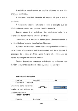 A resistência eléctrica pode ser medida utilizando um aparelho

chamado ohmímetro.

       A resistência eléctrica depende do material de que é feito o

condutor.

       A resistência eléctrica relaciona-se com a oposição que os

condutores oferecem à passagem de corrente eléctrica.

       Quanto menor é a resistência dos condutores maior é a

intensidade da corrente nos circuitos eléctricos.

       Quanto maior é a resistência eléctrica dos condutores menor é

a intensidade da corrente nos circuitos eléctricos.

       A palavra resistência é usada com dois significados diferentes:

para indicar a propriedade que os condutores têm de se oporem à

passagem da corrente eléctrica e para designar dispositivos que se

opõem à passagem da corrente eléctrica.

       Existem dispositivos chamados resistências ou resístores, que

também têm grande resistência eléctrica, como, por exemplo:




       Resistências metálicas

      Função                      Símbolo             Foto
      Resistência     metálica,

juntamente coma resistência

carvão é a mais utilizada em

circuitos electrónicos.
       Potenciómetro

      Função                      Símbolo             Foto

                                            195
 