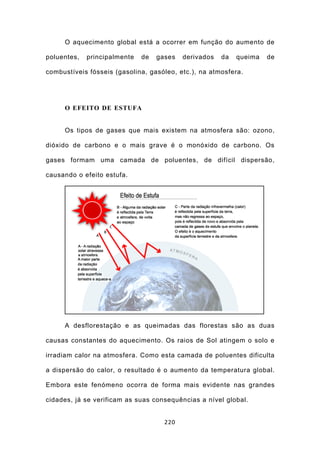 O aquecimento global está a ocorrer em função do aumento de

poluentes,   principalmente   de   gases   derivados   da   queima   de

combustíveis fósseis (gasolina, gasóleo, etc.), na atmosfera.




     O EFEITO DE ESTUFA


     Os tipos de gases que mais existem na atmosfera são: ozono,

dióxido de carbono e o mais grave é o monóxido de carbono. Os

gases formam uma camada de poluentes, de difícil dispersão,

causando o efeito estufa.




     A desflorestação e as queimadas das florestas são as duas

causas constantes do aquecimento. Os raios de Sol atingem o solo e

irradiam calor na atmosfera. Como esta camada de poluentes dificulta

a dispersão do calor, o resultado é o aumento da temperatura global.

Embora este fenómeno ocorra de forma mais evidente nas grandes

cidades, já se verificam as suas consequências a nível global.


                                     220
 