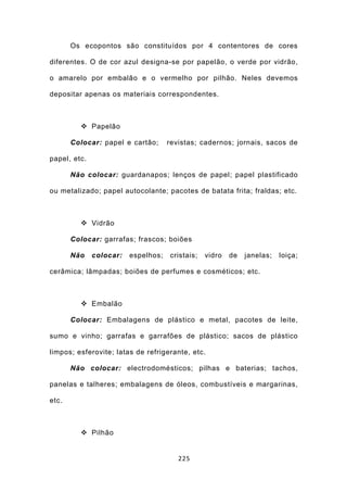 Os ecopontos são constituídos por 4 contentores de cores

diferentes. O de cor azul designa-se por papelão, o verde por vidrão,

o amarelo por embalão e o vermelho por pilhão. Neles devemos

depositar apenas os materiais correspondentes.



          Papelão

       Colocar: papel e cartão;      revistas; cadernos; jornais, sacos de

papel, etc.

       Não colocar: guardanapos; lenços de papel; papel plastificado

ou metalizado; papel autocolante; pacotes de batata frita; fraldas; etc.



          Vidrão

       Colocar: garrafas; frascos; boiões

       Não    colocar:   espelhos;   cristais;   vidro   de   janelas;   loiça;

cerâmica; lâmpadas; boiões de perfumes e cosméticos; etc.



          Embalão

       Colocar: Embalagens de plástico e metal, pacotes de leite,

sumo e vinho; garrafas e garrafões de plástico; sacos de plástico

limpos; esferovite; latas de refrigerante, etc.

       Não colocar: electrodomésticos; pilhas e baterias; tachos,

panelas e talheres; embalagens de óleos, combustíveis e margarinas,

etc.



          Pilhão


                                        225
 