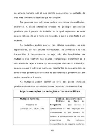 do genoma humano não só nos permite compreender a evolução da

vida mas também as doenças que nos afligem.

     Os genomas dos indivíduos podem, em certas circunstâncias,

alterar-se. A essas alterações bruscas no genótipo, constituição

genética que é própria do individuo e da qual dependem as suas

características, dá-se o nome de mutação, e quem a manifesta é um

mutante.

     As mutações podem ocorrer nas células somáticas, as não

reprodutoras, ou nas células reprodutoras. As primeiras não são

transmitidas à descendência, ou seja, não são hereditárias. As

mutações que ocorrem nas células reprodutoras transmitem-se à

descendência. Apesar deste tipo de mutações não afectar o fenótipo,

caracteres que o indivíduo manifesta, resultantes do seu genótipo, os

seus efeitos podem fazer-se sentir na descendência, podendo até, em

certos casos levar à morte.

     As mutações podem ocorrer ao nível dos genes (mutação

genética) ou ao nível dos cromossomas (mutação cromossomática).

     Alguns exemplos de mutações cromossomáticas


     Mutação numérica                     Doença / características
                                          Síndroma        de    Down      ou

           Trissomia 21             Mongolismo      –    Esta    doença     é

     (cariótipo – 47, XY; 47, XX)   consequência da      não disjunção    dos

                                    cromossomas     do    par   número    21,

                                    durante a gametogénese de um dos

                                    progenitores.        Os       indivíduos

                                    mongolóides são de pequena estatura e


                                    255
 