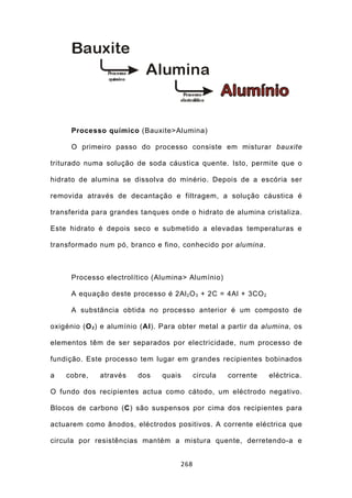Processo químico (Bauxite>Alumina)

      O primeiro passo do processo consiste em misturar bauxite

triturado numa solução de soda cáustica quente. Isto, permite que o

hidrato de alumina se dissolva do minério. Depois de a escória ser

removida através de decantação e filtragem, a solução cáustica é

transferida para grandes tanques onde o hidrato de alumina cristaliza.

Este hidrato é depois seco e submetido a elevadas temperaturas e

transformado num pó, branco e fino, conhecido por alumina.



      Processo electrolítico (Alumina> Alumínio)

      A equação deste processo é 2Al 2 O 3 + 2C = 4Al + 3CO 2

      A substância obtida no processo anterior é um composto de

oxigénio (O 2 ) e alumínio (Al). Para obter metal a partir da alumina, os

elementos têm de ser separados por electricidade, num processo de

fundição. Este processo tem lugar em grandes recipientes bobinados

a   cobre,    através    dos    quais      circula   corrente   eléctrica.

O fundo dos recipientes actua como cátodo, um eléctrodo negativo.

Blocos de carbono (C) são suspensos por cima dos recipientes para

actuarem como ânodos, eléctrodos positivos. A corrente eléctrica que

circula por resistências mantém a mistura quente, derretendo-a e


                                     268
 