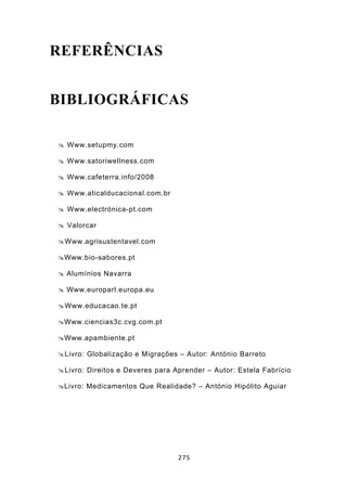 REFERÊNCIAS


BIBLIOGRÁFICAS

 Www.setupmy.com

 Www.satoriwellness.com

 Www.cafeterra.info/2008

 Www.aticalducacional.com.br

 Www.electrónica-pt.com

 Valorcar

Www.agrisustentavel.com

Www.bio-sabores.pt

 Alumínios Navarra

 Www.europarl.europa.eu

Www.educacao.te.pt

Www.ciencias3c.cvg.com.pt

Www.apambiente.pt

Livro: Globalização e Migrações – Autor: António Barreto

Livro: Direitos e Deveres para Aprender – Autor: Estela Fabrício

Livro: Medicamentos Que Realidade? – António Hipólito Aguiar




                                 275
 