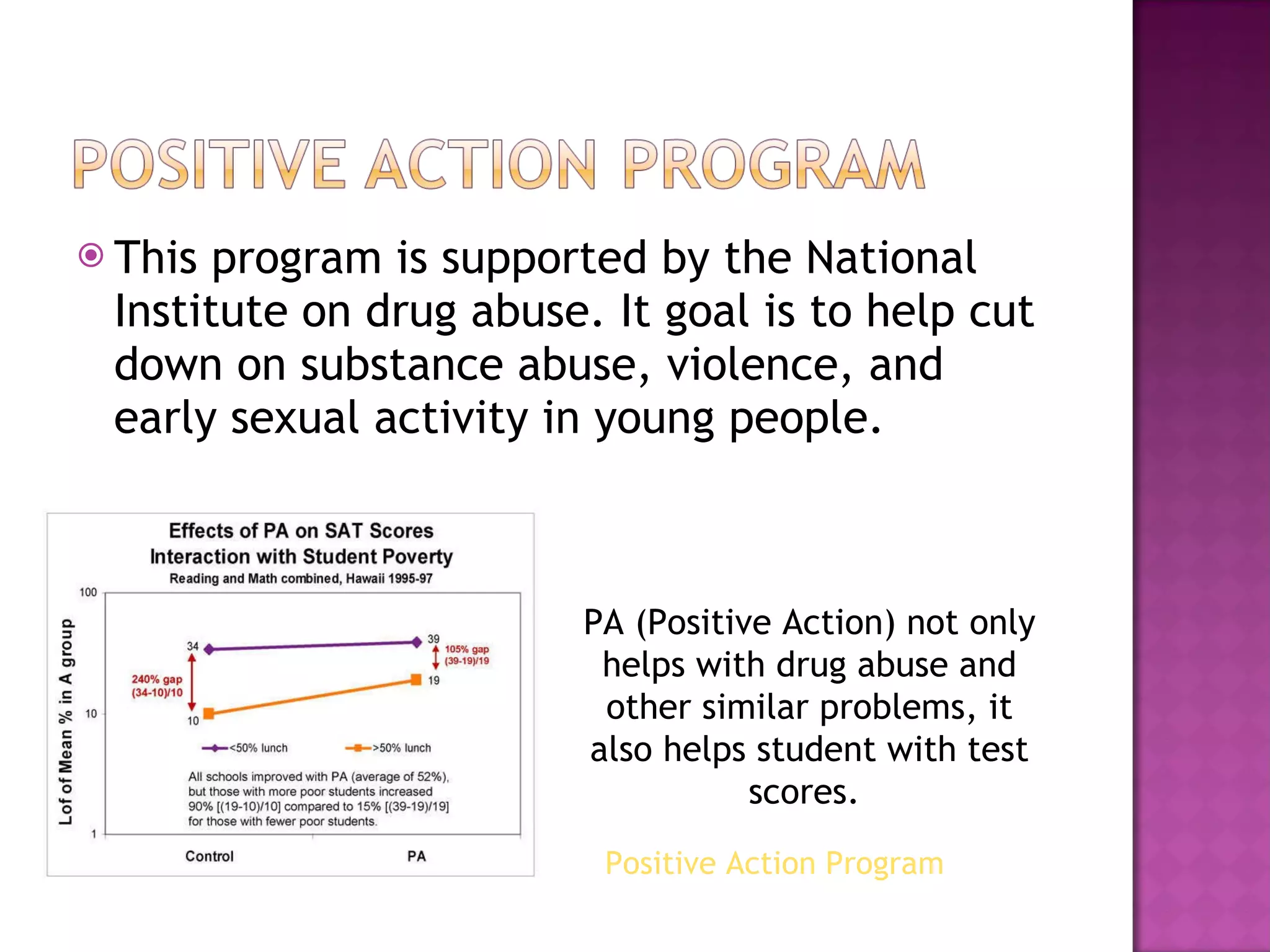 This program is supported by the National Institute on drug abuse. It goal is to help cut down on substance abuse, violence, and early sexual activity in young people.    PA (Positive Action) not only helps with drug abuse and other similar problems, it also helps student with test scores.  Positive Action Program 