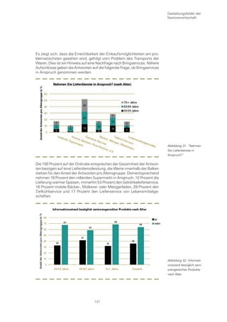 Gestaltungsfelder der
                                                                            Seniorenwirtschaft




Es zeigt sich, dass die Erreichbarkeit der Einkaufsmöglichkeiten am pro-
blematischsten gesehen wird, gefolgt vom Problem des Transports der
Waren. Dies ist ein Hinweis auf eine Nachfrage nach Bringservices. Nähere
Aufschlüsse geben die Antworten auf die folgende Frage, ob Bringservices
in Anspruch genommen werden.




                                                                            Abbildung 31: “Nehmen
                                                                            Sie Lieferdienste in
                                                                            Anspruch?“


Die 100 Prozent auf der Ordinate entsprechen der Gesamtheit der Antwor-
ten bezogen auf eine Lieferdienstleistung, die Werte innerhalb der Balken
stehen für den Anteil der Antworten pro Altersgruppe. Dementsprechend
nehmen 18 Prozent den rollenden Supermarkt in Anspruch, 10 Prozent die
Lieferung warmer Speisen, immerhin 53 Prozent den Getränkelieferservice,
16 Prozent mobile Bäcker-, Molkerei- oder Metzgerläden, 29 Prozent den
Tiefkühlservice und 17 Prozent den Lieferservice von Lebensmittelge-
schäften.




                                                                            Abbildung 32: Informati-
                                                                            onsstand bezüglich seni-
                                                                            orengerechter Produkte
                                                                            nach Alter




                                  131
 