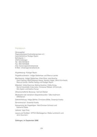 Impressum

Herausgeber:
Regionalverband Südniedersachsen e.V.
Geschäftsführer Rüdiger Reyhn
Barfüßerstr. 1
37073 Göttingen
Tel.: 0551/5472810
Fax: 0551/5472820
http://www.regionalverband.de
E-Mail: info@regionalverband.de

Projektleitung: Rüdiger Reyhn
Projektkoordination: Holger Balderhaar und Marcus Lemke
Bearbeitung: Holger Balderhaar, Kilian Bizer, Julia Busche,
 Gerd Cassing, Wolf-Ekkehard Hesse, Karsten Hiege, Ullrich Kornhardt,
 Marcus Lemke, Steffen Reißig und Rüdiger Reyhn
Mitarbeit: Ulrike Brammer, Bettina Keuthen, Odilia König,
 Bernd Kreutzfeldt, Erika Lohe, Christiane Röbbel, Ulf Schmidt,
 Dirk Spenn und Gudrun Surup
Wissenschaftliche Beratung: Gerhard Bäcker
Moderation der narrativen Gesprächsrunden: Silke Inselmann
 (WIDServe)
Datenerhebung: Helga Wehler, Christiane Wilde, Swaantje Krasky
Seniorenscout: Swaantje Krasky
Auswertung der Fragebögen: Nils-Christian Schwarz und
 Katharina Ratke
Lektorat: Ingo Chao
Layout und Grafiken: OPTEX Werbeagentur, Maike Lambrecht und
  Jens Geumann


Göttingen, im September 2006



                                  229
 