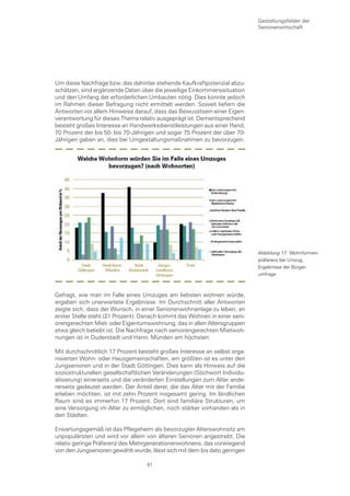 Gestaltungsfelder der
                                                                            Seniorenwirtschaft




Um diese Nachfrage bzw. das dahinter stehende Kaufkraftpotenzial abzu-
schätzen, sind ergänzende Daten über die jeweilige Einkommenssituation
und den Umfang der erforderlichen Umbauten nötig. Dies konnte jedoch
im Rahmen dieser Befragung nicht ermittelt werden. Soweit liefern die
Antworten vor allem Hinweise darauf, dass das Bewusstsein einer Eigen-
verantwortung für dieses Thema relativ ausgeprägt ist. Dementsprechend
besteht großes Interesse an Handwerksdienstleistungen aus einer Hand,
70 Prozent der bis 50- bis 70-Jährigen und sogar 75 Prozent der über 70-
Jährigen gaben an, dies bei Umgestaltungsmaßnahmen zu bevorzugen.




                                                                            Abbildung 17: Wohnformen-
                                                                            präferenz bei Umzug,
                                                                            Ergebnisse der Bürger-
                                                                            umfrage



Gefragt, wie man im Falle eines Umzuges am liebsten wohnen würde,
ergaben sich unerwartete Ergebnisse. Im Durchschnitt aller Antworten
zeigte sich, dass der Wunsch, in einer Seniorenwohnanlage zu leben, an
erster Stelle steht (21 Prozent). Danach kommt das Wohnen in einer seni-
orengerechten Miet- oder Eigentumswohnung, das in allen Altersgruppen
etwa gleich beliebt ist. Die Nachfrage nach seniorengerechten Mietwoh-
nungen ist in Duderstadt und Hann. Münden am höchsten.

Mit durchschnittlich 17 Prozent besteht großes Interesse an selbst orga-
nisierten Wohn- oder Hausgemeinschaften, am größten ist es unter den
Jungsenioren und in der Stadt Göttingen. Dies kann als Hinweis auf die
soziostrukturellen gesellschaftlichen Veränderungen (Stichwort Individu-
alisierung) einerseits und die veränderten Einstellungen zum Alter ande-
rerseits gedeutet werden. Der Anteil derer, die das Alter mit der Familie
erleben möchten, ist mit zehn Prozent insgesamt gering. Im ländlichen
Raum sind es immerhin 17 Prozent. Dort sind familiäre Strukturen, um
eine Versorgung im Alter zu ermöglichen, noch stärker vorhanden als in
den Städten.

Erwartungsgemäß ist das Pflegeheim als bevorzugter Alterswohnsitz am
unpopulärsten und wird vor allem von älteren Senioren angestrebt. Die
relativ geringe Präferenz des Mehrgenerationenwohnens, das vorwiegend
von den Jungsenioren gewählt wurde, lässt sich mit dem bis dato geringen

                                   81
 