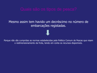 Quais são os tipos de pesca?
Mesmo assim tem havido um decréscimo no número de
embarcações registadas.
Porque não são cumpridas as normas estabelecidas pela Politica Comum de Pescas que visam
o redimensionamento da frota, tendo em conta os recursos disponíveis.
 