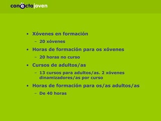 Impacto Xóvenes en formación 20 xóvenes  Horas de formación para os xóvenes 20 horas no curso  Cursos de adultos/as 13 cursos para adultos/as. 2 xóvenes dinamizadores/as por curso Horas de formación para os/as adultos/as De 40 horas 
