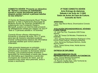 CONECTA XOVEN: Proxecto co obxectivo de  “formar a xóvenes en habilidades sociais e novas tecnoloxías para que despois poidan instruir a persoas adultas no seu entorno” . O Centro de Desenvolvemento Rural “Portas Abertas” e máis a Federación Provincial de Mulleres Rurais de Ourense (FEMURO) en colaboración coa Fundación Esplai e Microsoft, puxeron en marcha este proxecto de alfabetización dixital que chegou na súa 4ª  fase a 73 persoas adultas e 18 xóvenes. Conecta Xoven ofreceu información e formación a xóvenes de entre 16 e 17 anos, para que de maneira voluntaria puderan ensinar coñecementos básicos de informática a persoas adultas que nunca usaran o ordenador.  Este proxecto baseouse no principio educativo de “aprendizaxe-servizo” xa que o primeiro paso consistiu na formación dos/as xóvenes, que posteriormente revertiron o aprendido na comunidade a través das clases de informática que impartiron á xente dos municipios da Comarca de Verín, que en ocasións eran os/as seus pais/nais, avós e avoas e veciños/as. 4ª FASE CONECTA XOVEN Acto Entrega de diplomas Sábado 4 de Xullo ás 11:00H Salón de Actos da Casa da Cultura. Concello de Verín APERTURA: - Dna. Olga Macía Macía, Dinamizadora Conecta Xoven. AVALIACIÓN ORGANIZADORES/AS, XÓVENES E ADULTOS/AS: - D. José Paz Paz, Presidente CDR Portas Abertas. - Dna. Mª Teresa Cid Morales, Presidenta de FEMURO. - Dna. Carmen Patricia Martínez Rodríguez e Dna. Emma Prada Estévez, Xóvenes profesoras. - Dna. Generosa Rodríguez Barreira, Adulta alumna Verín. - Dna. Teresa Gómez Arias, Adulta alumna Vilardevós. ENTREGA DE DIPLOMAS RECOÑECEMENTOS POLOS  REPRESENTANTES LOCAIS E AUTONÓMICOS: - Dna. Corona Meixeira Romasanta, Representante Concello Verín . - D. Ricardo Vecillas Rojo, Xefe Territorial da Consellería do Medio Rural. 