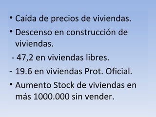 Caída de precios de viviendas. Descenso en construcción de viviendas. - 47,2 en viviendas libres. 19.6 en viviendas Prot. Oficial. Aumento Stock de viviendas en más 1000.000 sin vender. 