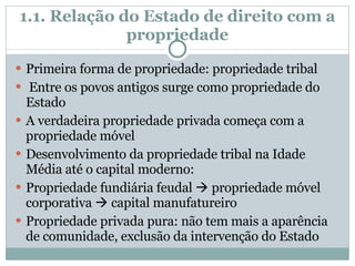 1.1. Relação do Estado de direito com a propriedade Primeira forma de propriedade: propriedade tribal Entre os povos antigos surge como propriedade do Estado A verdadeira propriedade privada começa com a propriedade móvel Desenvolvimento da propriedade tribal na Idade Média até o capital moderno: Propriedade fundiária feudal    propriedade móvel corporativa    capital manufatureiro Propriedade privada pura: não tem mais a aparência de comunidade, exclusão da intervenção do Estado 