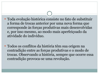 Toda evolução histórica consiste no fato de substituir a forma de trocas anterior por uma nova forma que corresponde às forças produtivas mais desenvolvidas e, por isso mesmo, ao modo mais aperfeiçoado da atividade do indivíduo. Todos os conflitos da história têm sua origem na contradição entre as forças produtivas e o modo de trocas. Observando a história, sempre que ocorre essa contradição provoca-se uma revolução. 