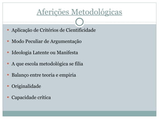 Aferições Metodológicas Aplicação de Critérios de Cientificidade Modo Peculiar de Argumentação Ideologia Latente ou Manifesta A que escola metodológica se filia Balanço entre teoria e empiria Originalidade Capacidade crítica 